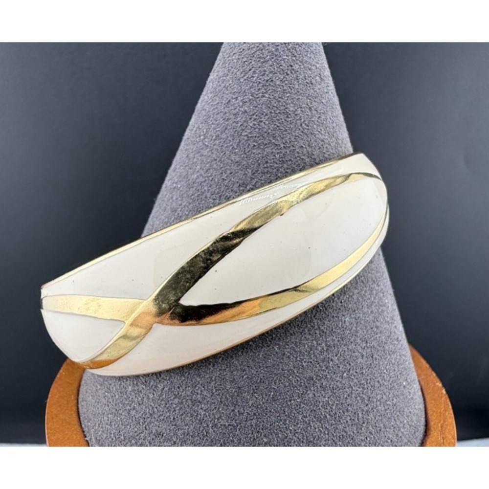 Vintage Cuff Bracelet White Enamel Gold Tone Classic 90s Tapered 7"